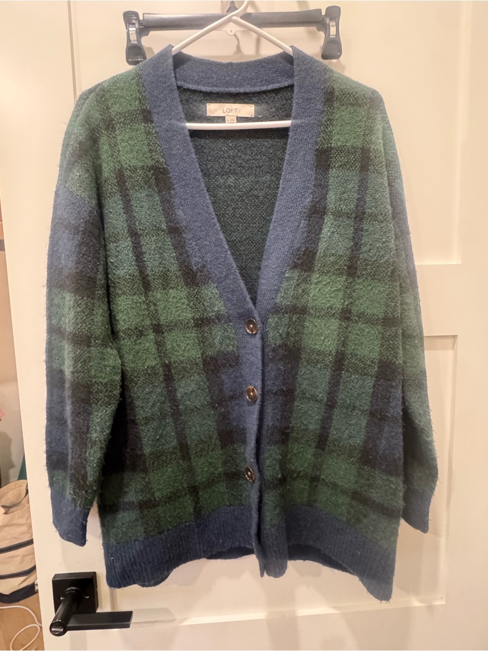 LOFT Blue and Green Plaid Button-Up Cardigan Size Small oversized